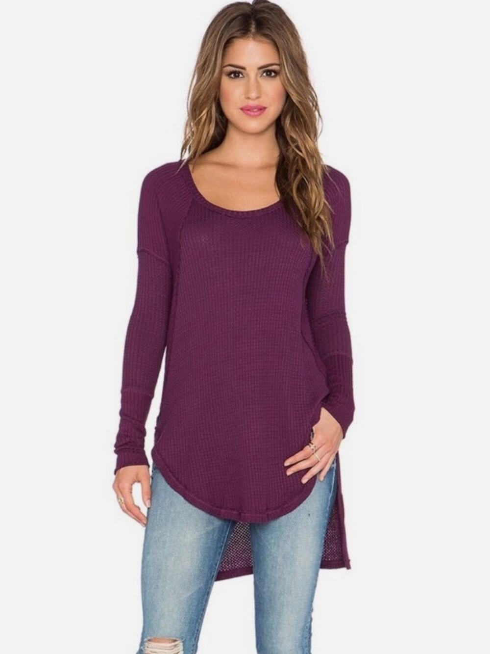 Free People Purple Thermal Knit Long Sleeve Top Raw Hem Stretch Sleeve Size XS
